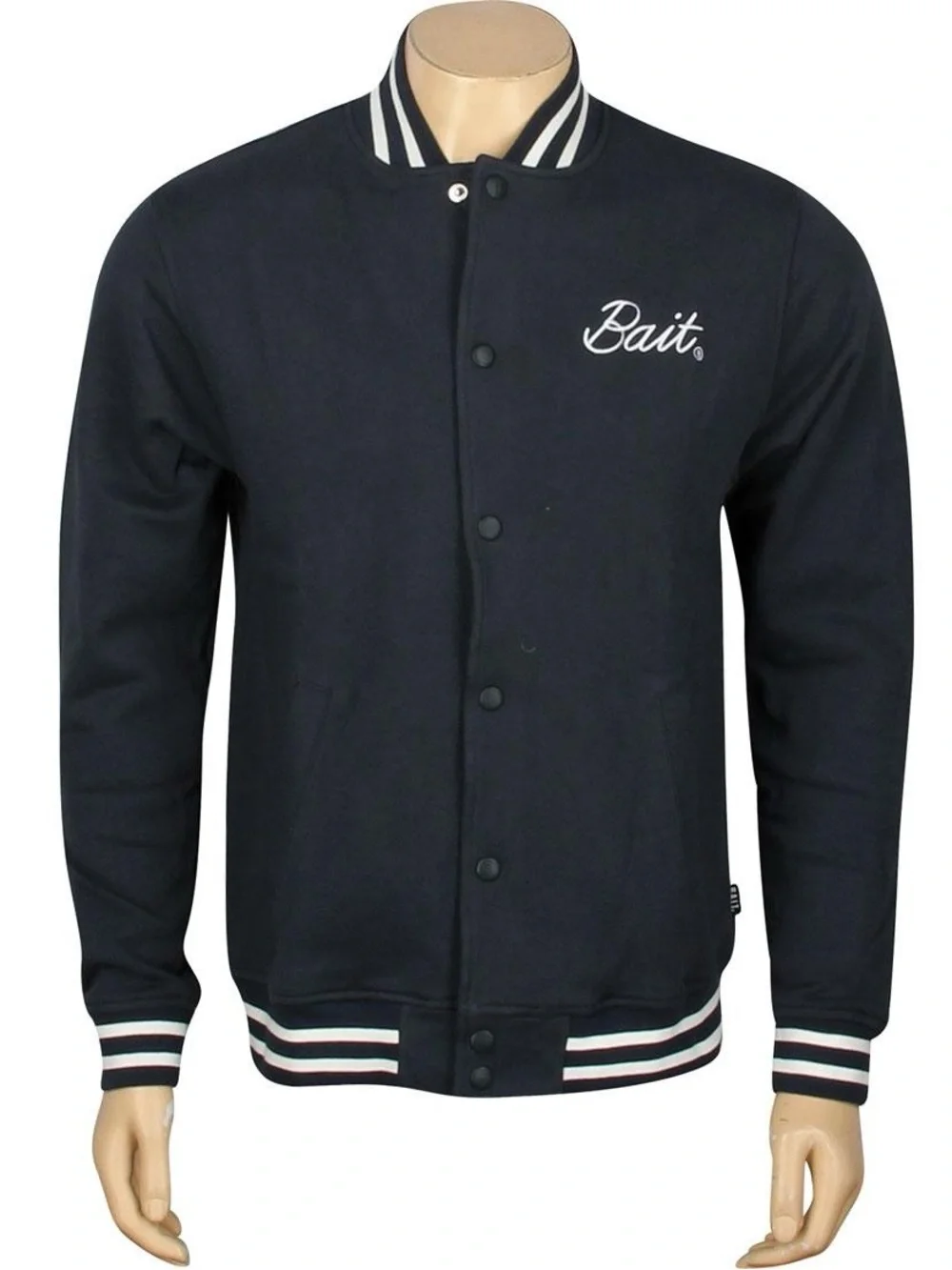 BAIT Navy Varsity Bomber Jacket with Stripe Trim